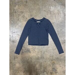 Hollister Womens Navy White Striped Lace Up V-Neck Ribbed Long Sleeve Crop Top S